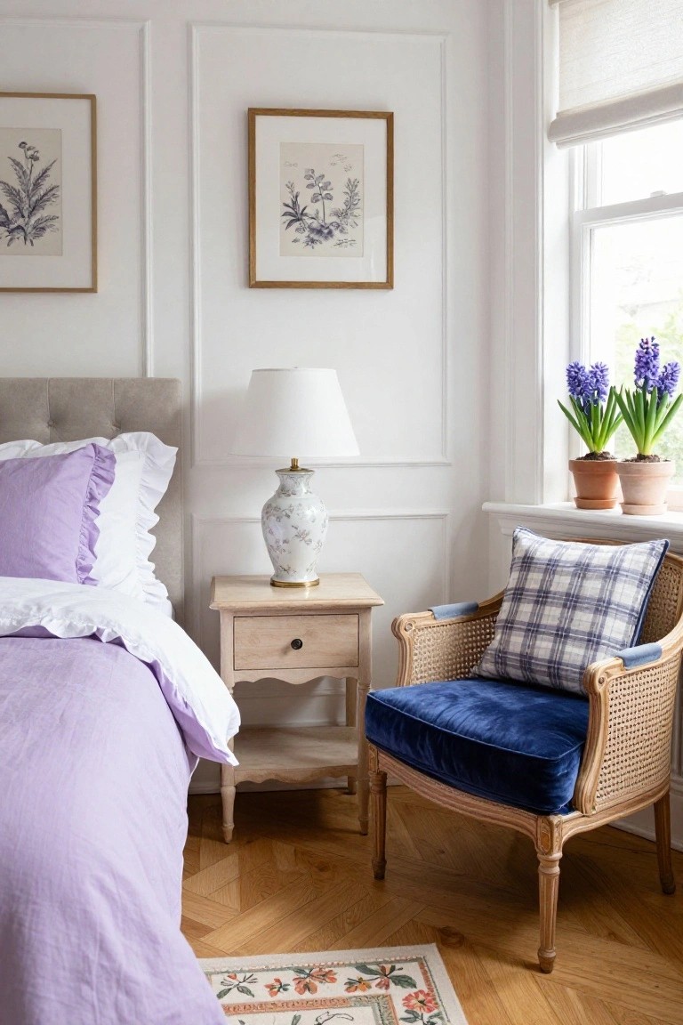 Corner view of a bedroom with a bed draped in pale lilac linens and white pillows, a wood nightstand holding a white porcelain lamp, potted blue hyacinths on a windowsill, botanical artwork on paneled white walls, and a blue velvet cushion on a rattan armchair.