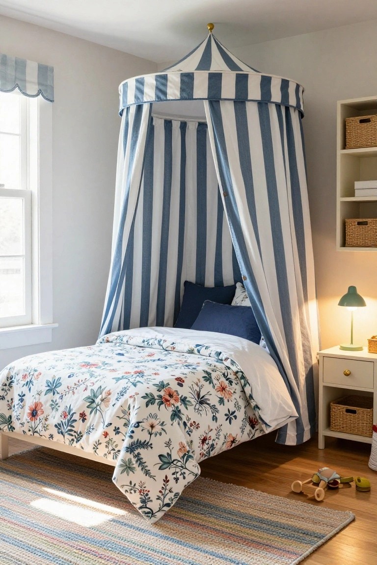 A full-size bed in a light-colored bedroom with a blue and white striped fabric canopy forming a tent shape, floral-patterned duvet and pillows, white nightstand with green lamp, bookshelves with baskets, and wooden toys on the wood floor.