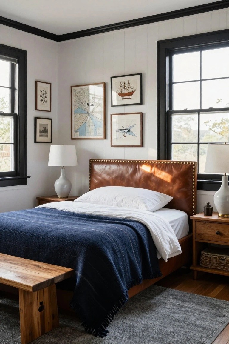 Corner view of a bedroom with white paneled walls and black trim around two large windows, a tan tufted leather headboard on a wood bed frame with white sheets, navy knit blanket, pillows, matching wood nightstands with white ceramic lamps, various framed nautical artworks on the walls, a wood bench at the bed foot, and a gray rug on hardwood floors.
