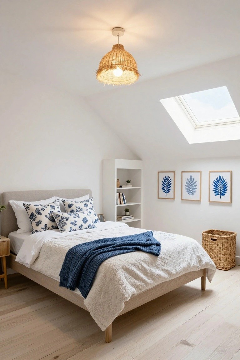 White attic bedroom with sloped ceiling and skylight, wooden bed draped in white quilt blue pillows and navy throw, three framed blue leaf prints above bed, white bookshelf, rattan pendant light, wicker basket, wooden nightstand, and light oak flooring.