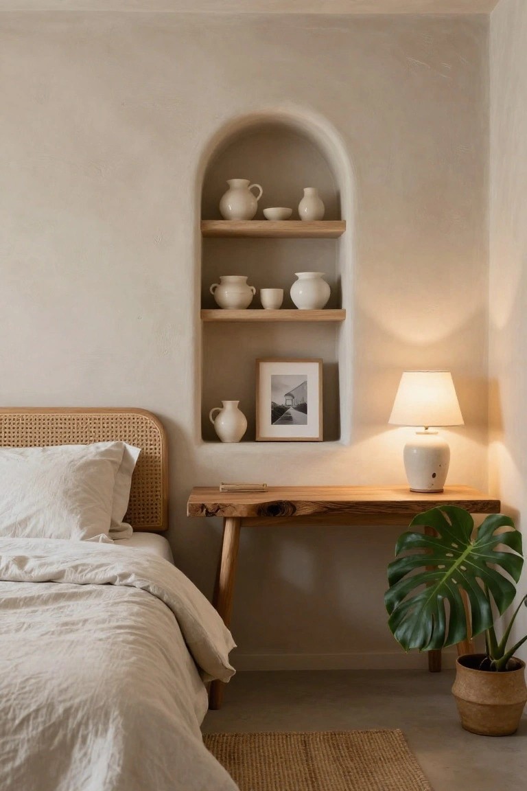 Bedroom with beige textured walls featuring an arched niche with wooden shelves holding white pottery jugs and bowls, rattan headboard bed with white linens, wooden nightstand with ceramic lamp and monstera plant in basket pot, seagrass rug on floor.