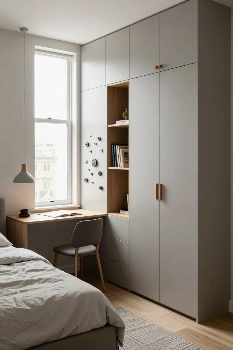 A modern bedroom corner with a tall gray built-in wardrobe featuring integrated oak desk, open shelves, drawers, and wood handles, next to a bed and large window.