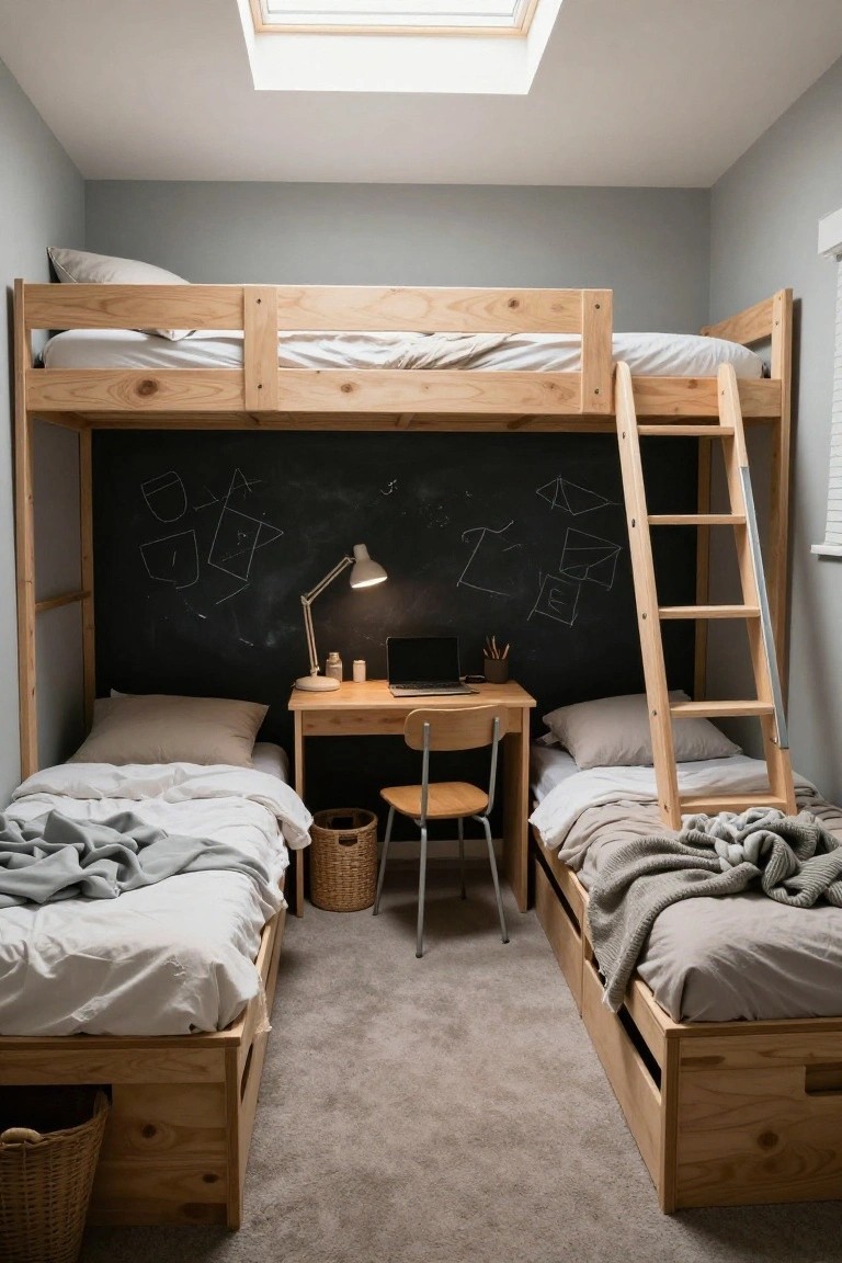 A small bedroom with light gray walls, a wooden lofted bunk bed with ladder access and chalkboard backing, a desk and chair underneath, and two lower wooden platform beds with storage drawers.