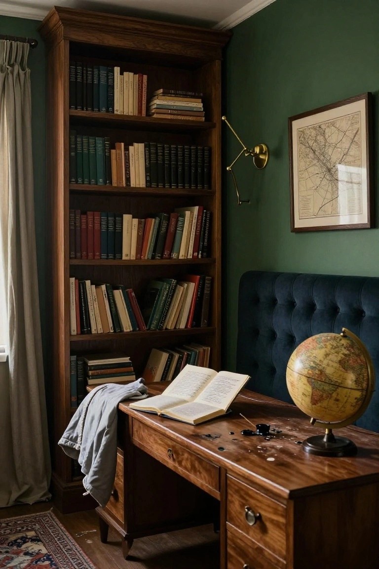 Wooden bookshelves filled with books next to a wooden desk with an open book, ink bottle, and globe, in a room with dark green walls, navy tufted headboard, and a wall map.