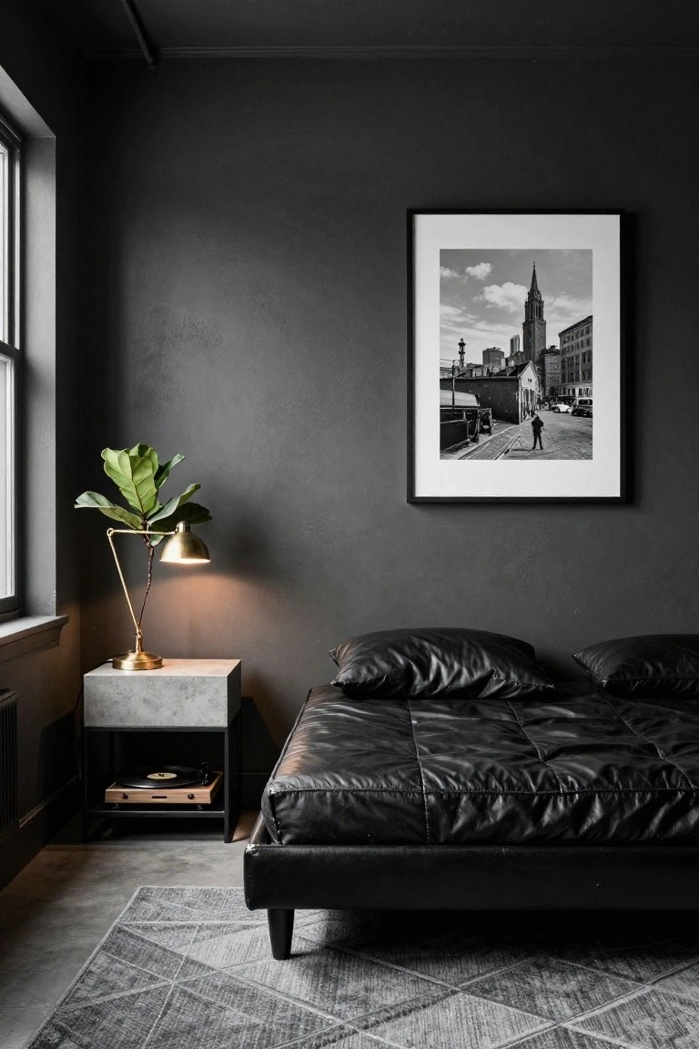 A moody bedroom with charcoal textured walls, black leather platform bed with pillows, brass adjustable lamp on concrete nightstand, fiddle leaf fig plant, black-and-white framed photo of urban street scene, and black metal stand with vinyl record player beside gray geometric rug on concrete floor.