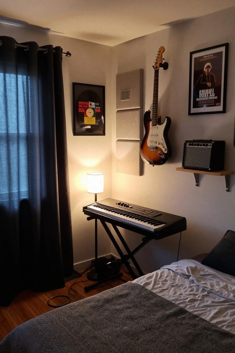 Bedroom corner with two wall-mounted electric guitars above a black amplifier on a wooden shelf, a black keyboard on an X-stand nearby, music posters and record frame on walls, bedside lamp, and bed with rumpled white sheets and gray blanket.