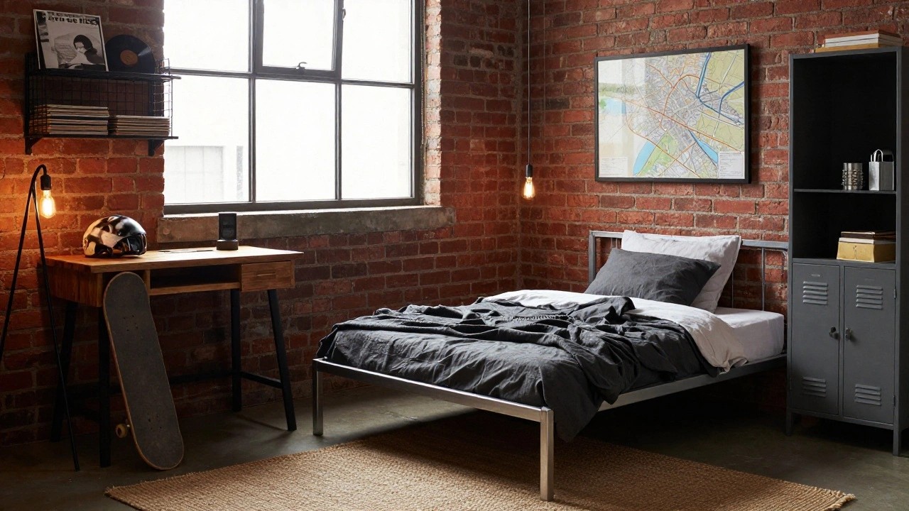 A teen boy's bedroom with exposed red brick walls, gray metal bed frame with dark gray bedding and black skateboard leaning against it, wooden desk with lamp, gray metal lockers holding helmet and books, map poster, pendant light, and concrete floor.