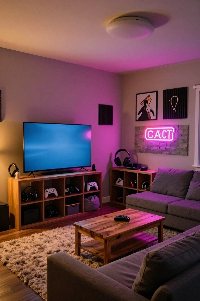A gaming room with a TV centered between two wooden shelving units stocked with Xbox controllers, PlayStation gear, headphones, and bins, a pink neon CACT sign on a brick wall, purple ambient lighting, wooden coffee table, and gray sofa on a rug.