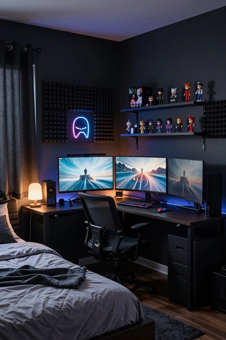 Dark bedroom corner with wooden L-shaped desk, three curved monitors displaying games, RGB keyboard and mouse, ergonomic chair, shelves holding collectible figures, neon blue ghost sign, acoustic panels, and bed in background.