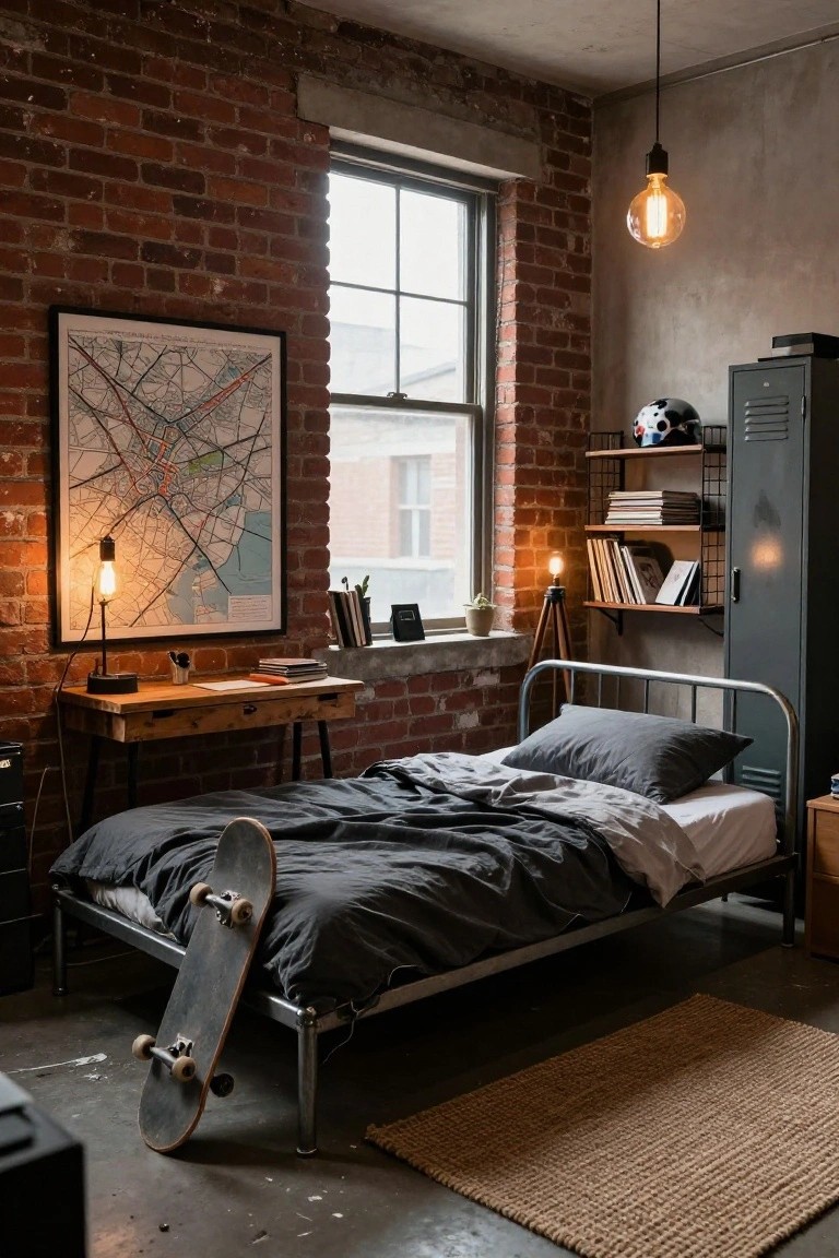 A teen boy's bedroom with exposed red brick walls, gray metal bed frame with dark gray bedding and black skateboard leaning against it, wooden desk with lamp, gray metal lockers holding helmet and books, map poster, pendant light, and concrete floor.