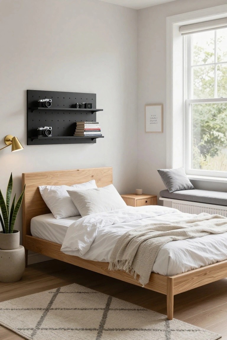 A light gray bedroom with an oak bed frame, white bedding and pillows, a black pegboard wall organizer holding cameras and books, a potted snake plant, a small wood side table, and a window seat with gray cushion.
