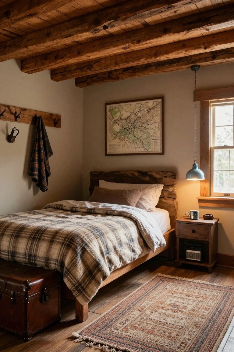 A small cozy bedroom with dark exposed wooden ceiling beams, wooden bed frame with plaid blanket and pillows, nightstand holding a mug and small dish, blue pendant light, wall map, coat rack with plaid jacket, leather trunk, and patterned rug on wood floors.