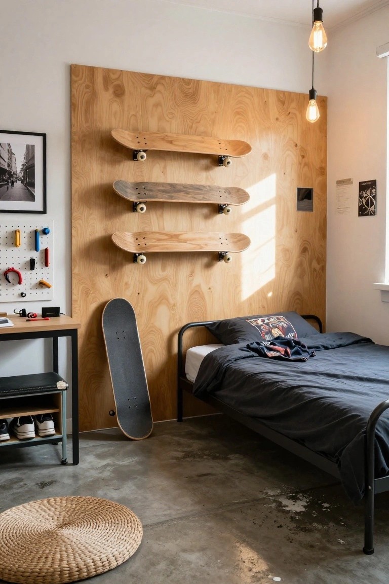 A teen boy's bedroom with a large plywood accent wall displaying multiple skateboards on racks, a black metal bed with navy sheets, a wooden desk, and a seagrass floor mat on concrete flooring.