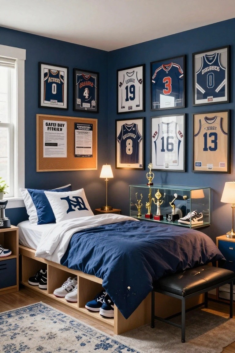 A teen boy's navy blue bedroom corner with framed sports jerseys on the walls, a glass display case holding trophies and sneakers, navy bedding on a low bed frame, and built-in shoe storage underneath.