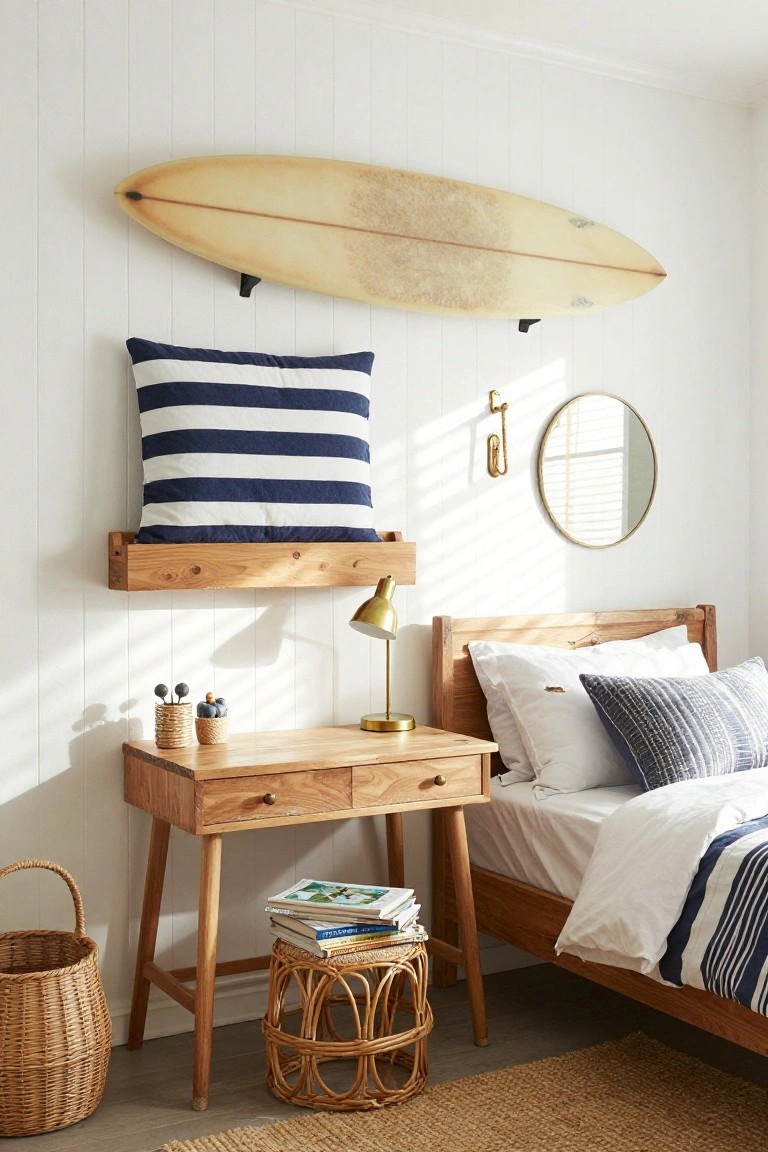A teen boy's bedroom with a yellow surfboard mounted on a white shiplap wall above a wooden shelf holding a navy and white striped pillow, beside a wooden bed with white and navy bedding, a wooden desk with rattan accents, and a round mirror.