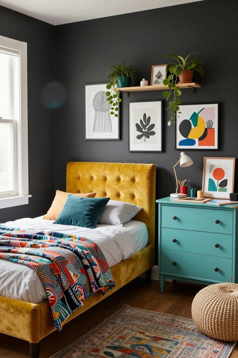 Bedroom interior with mustard yellow tufted velvet bedframe and headboard, teal dresser, colorful patterned quilt on white sheets, abstract art prints on dark gray walls, potted plants on shelves, desk lamp, and woven pouf on wood floor.