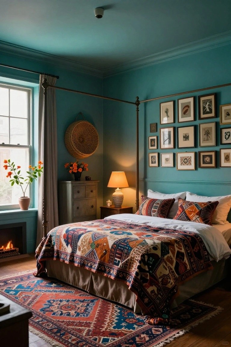 Teal bedroom with patterned quilt, gallery wall, and woven rug.