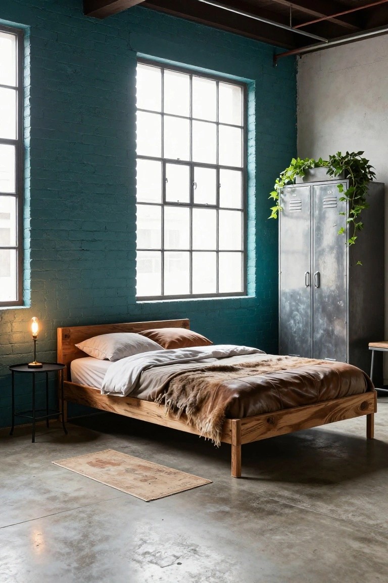 Bedroom interior with teal-painted brick walls, low wooden bed frame with white sheets and brown fur throw, black metal side table and lamp, tall silver metal locker with ivy plants, large multipane windows, and polished concrete floor.