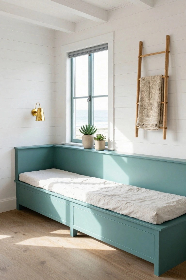 Teal built-in bench with white mattress, window overlooking ocean, wooden ladder with towel.