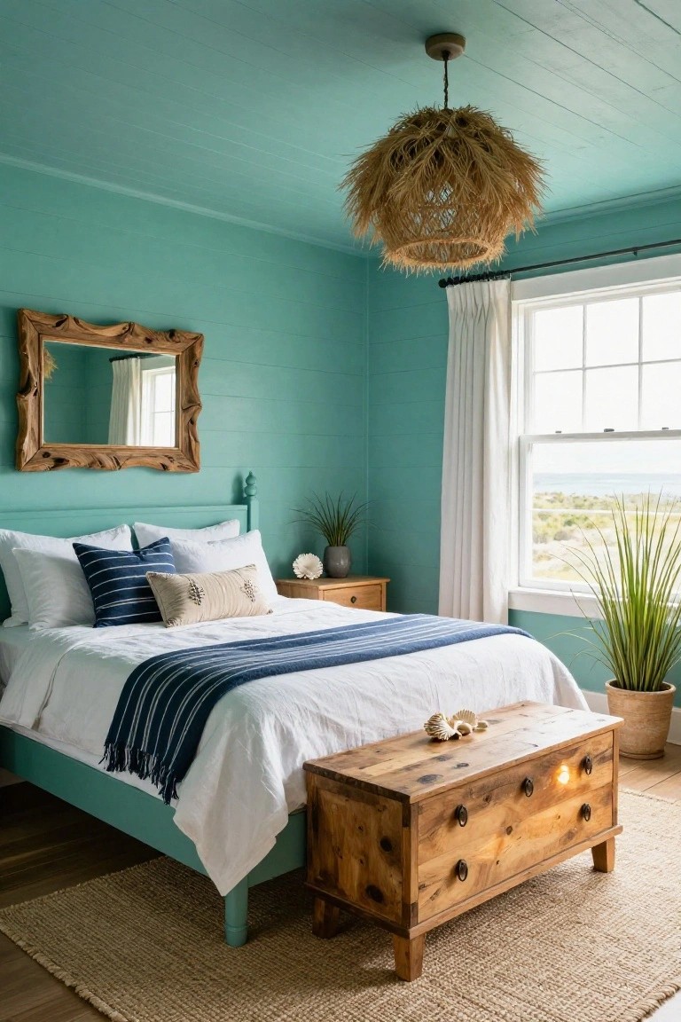 Bedroom interior with teal shiplap walls and ceiling, wooden bed frame with white bedding and striped throw, rattan pendant light, wooden nightstand, potted plants, and window with ocean view.