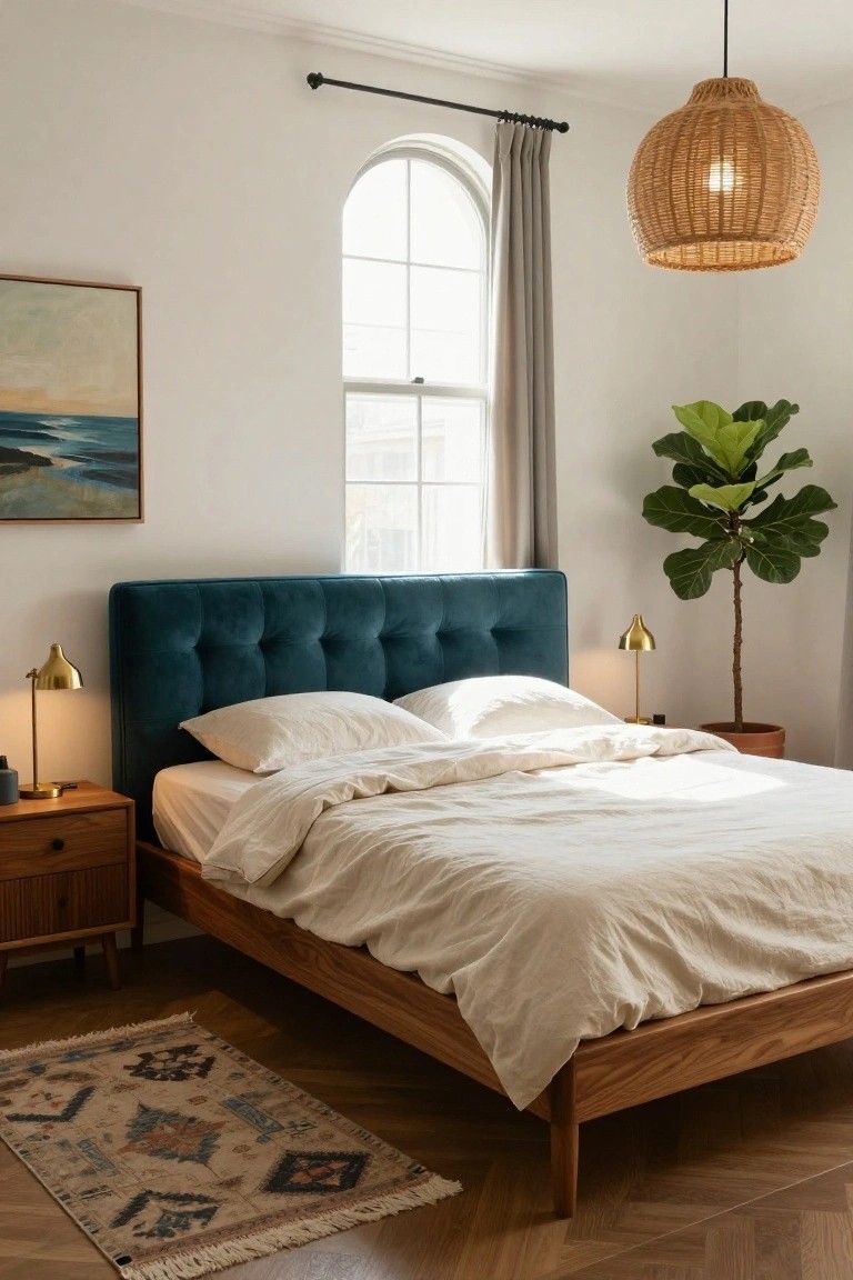 Sunlit bedroom with teal velvet tufted headboard on wooden bed frame, white bedding, wooden nightstands with gold lamps, fiddle leaf fig plant in terracotta pot, arched window with gray curtains, rattan pendant light, abstract seascape painting, and patterned rug on herringbone wood floors.