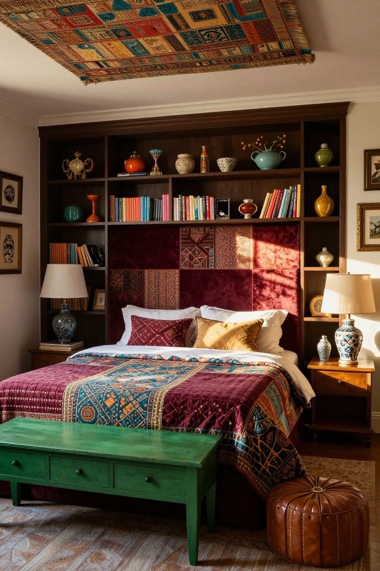 A bedroom with dark wood built-in bookshelves framing a bed, featuring burgundy velvet padded panels as the headboard, colorful patterned bedding, ceramic vases on shelves, table lamps, and a green bench at the foot of the bed.