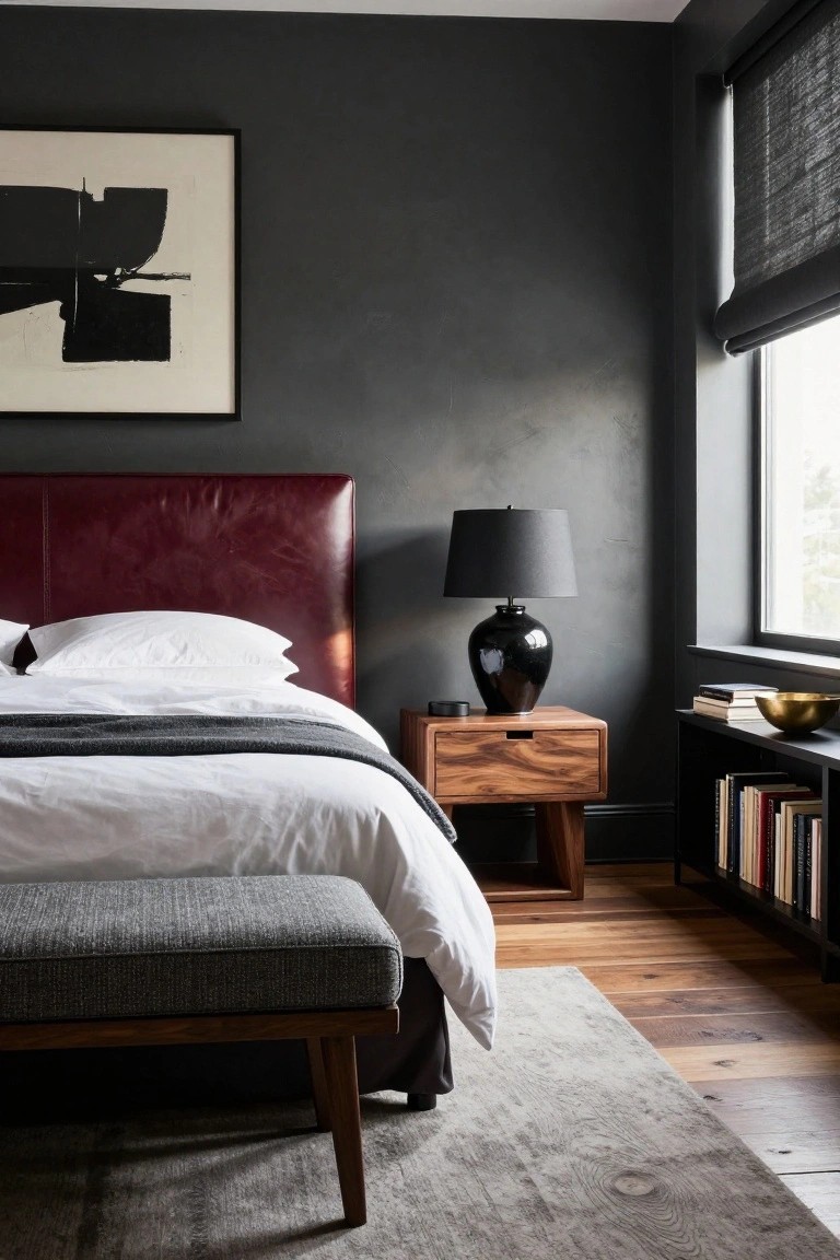 Bedroom with burgundy leather headboard, white bedding, black lamp on wooden nightstand, charcoal walls, bookshelves, and window blinds.