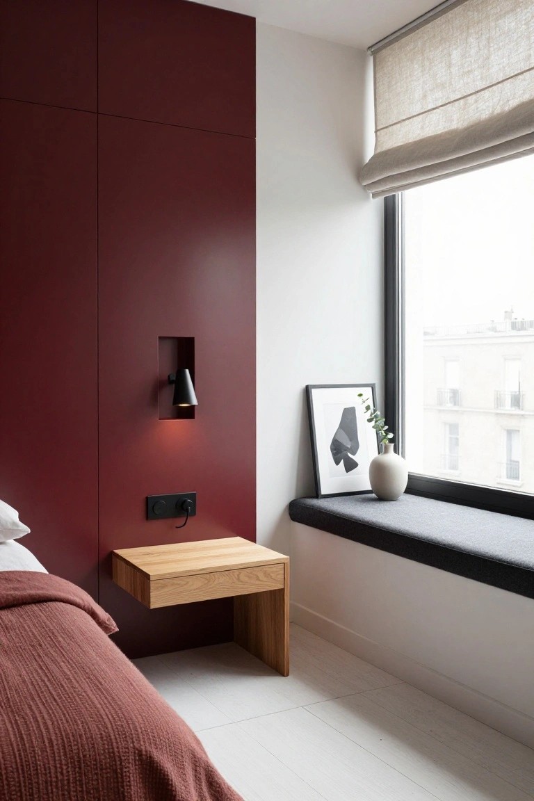 Bedroom with burgundy paneled accent wall behind bed, recessed black wall light, floating oak nightstand, red bedding, and opposite window seat with frame and vase.