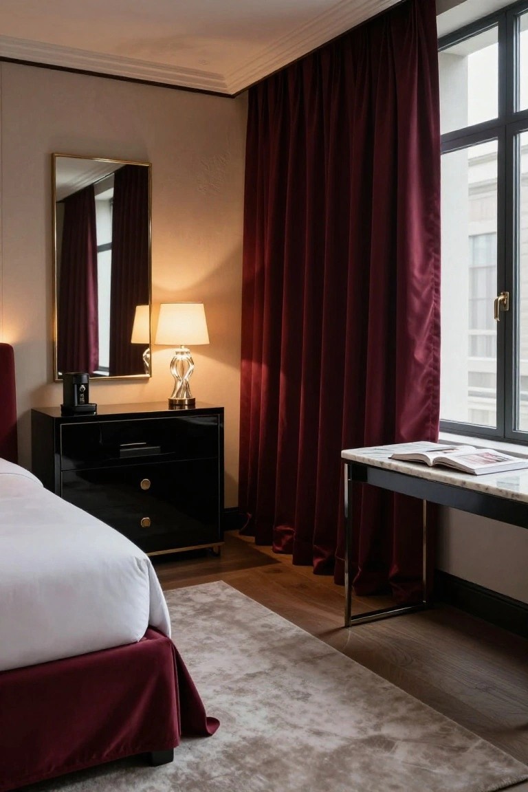 Corner of a bedroom with white bed on burgundy velvet skirt, black lacquer nightstand holding lamp and coffee maker, gold-framed mirror, heavy burgundy curtains over large windows, marble-top desk, and wood floor with rug.
