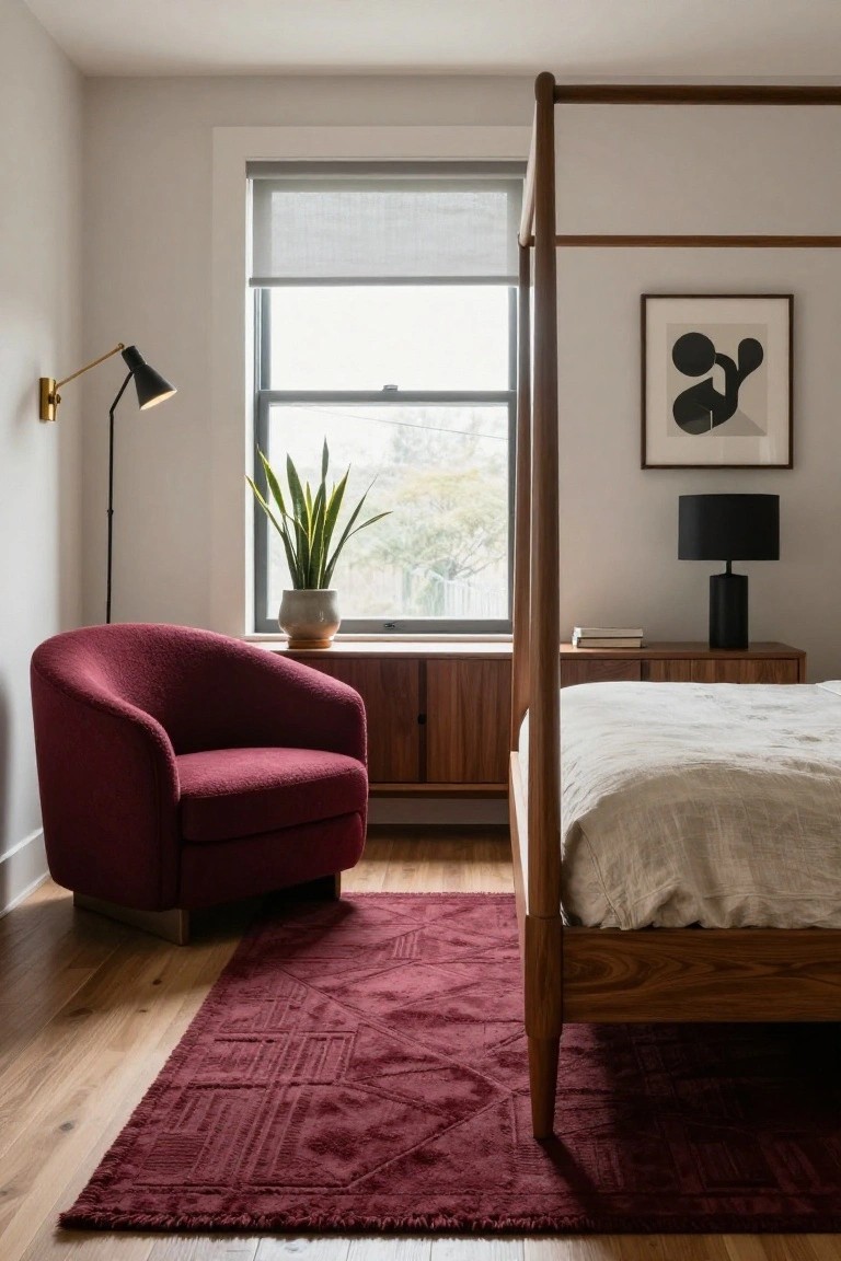 A bedroom interior with a plush red tufted armchair on a red patterned rug next to a wooden poster bed, a potted snake plant by a large window, wooden nightstand with black lamp, and red-accented walls and floors.