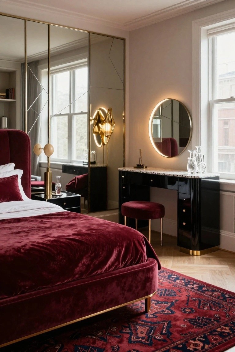 Bedroom with deep burgundy velvet upholstered bed on brass legs, black lacquer vanity with marble top and round backlit mirror, velvet stool, gold lamps, mirrored wardrobe doors, and parquet flooring.