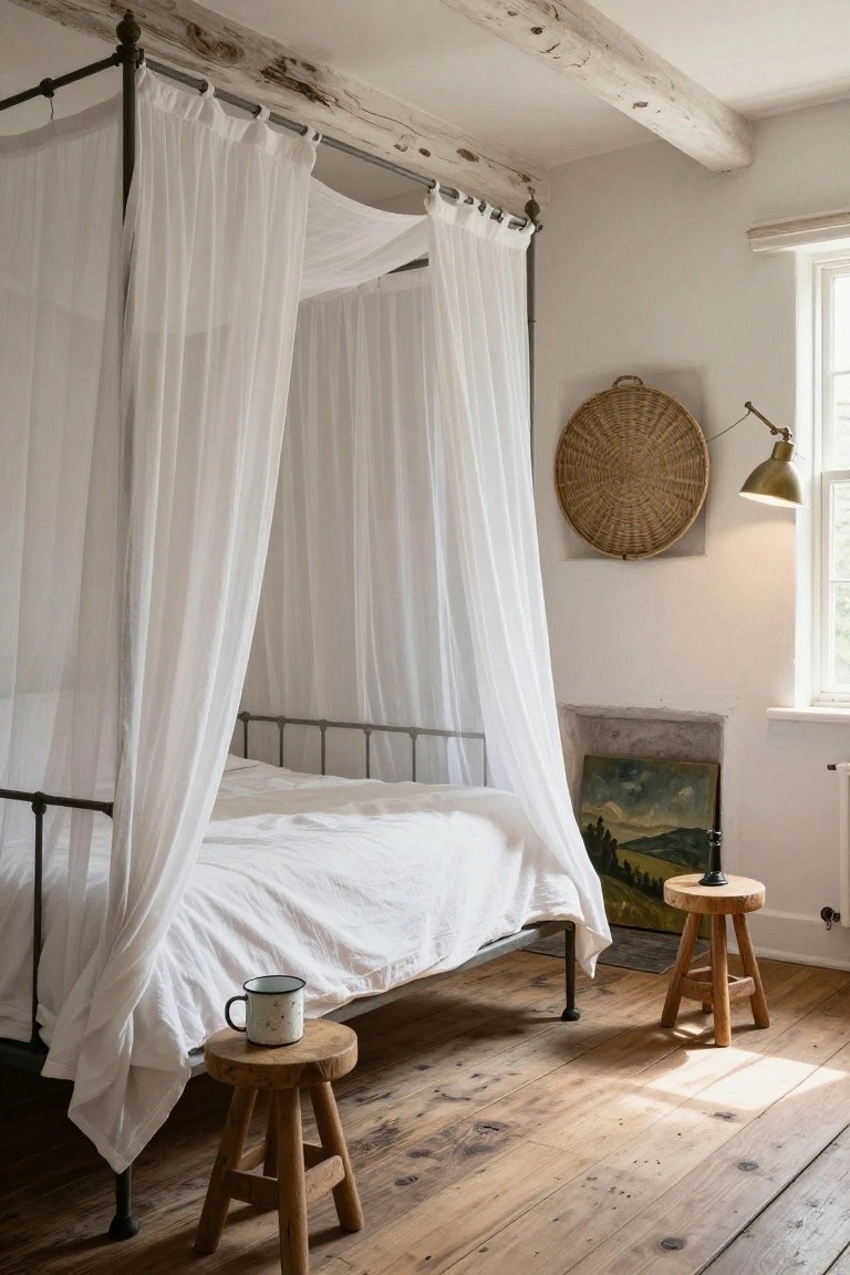 A bedroom with a white iron canopy bed draped in sheer white curtains, wooden beam ceiling, two wooden stools, a woven basket on the wall, and a small painting in a niche.