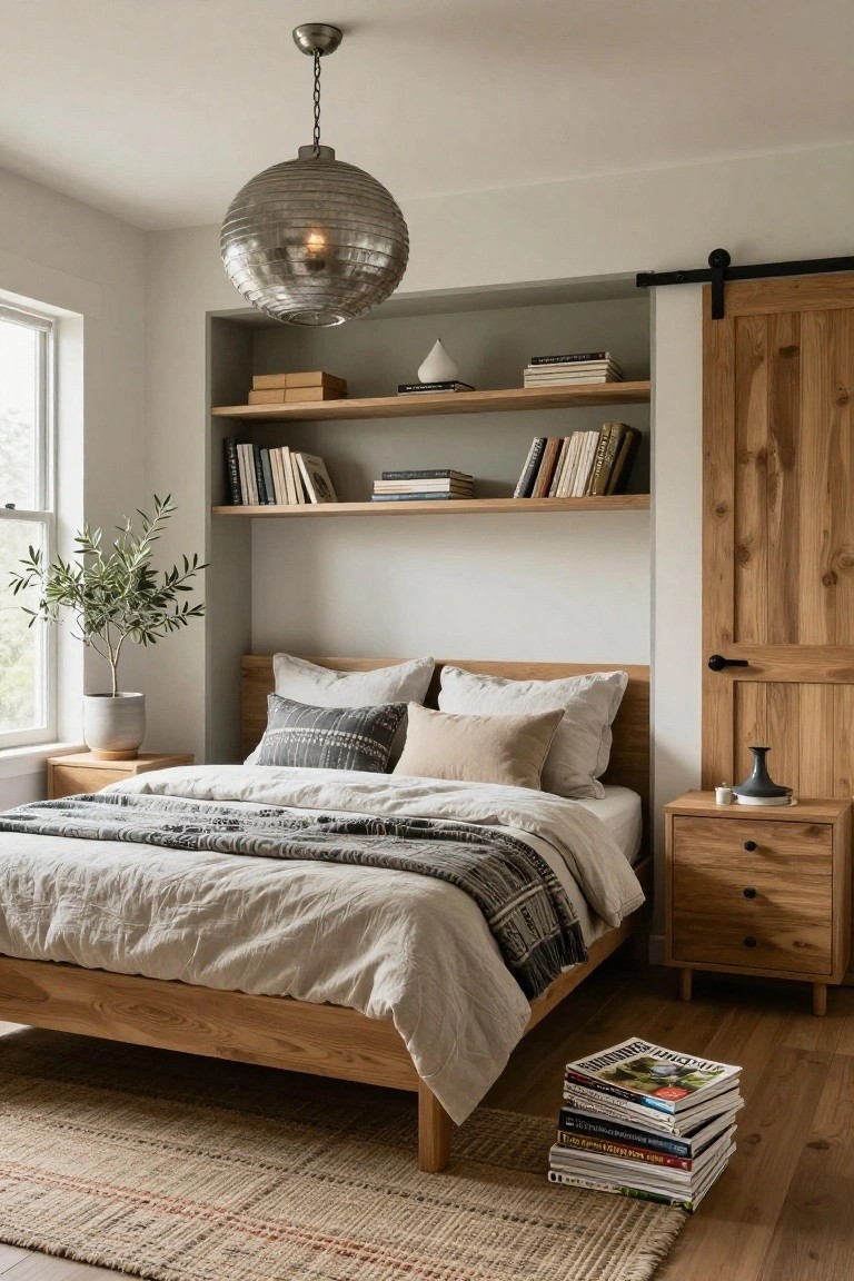 A bedroom with a wooden platform bed draped in white linen sheets and gray throws, oak nightstands, a green-painted wall niche with wooden shelves holding books and decor, a potted olive tree, sliding oak barn door, silver pendant light, and jute rug on wood floors.