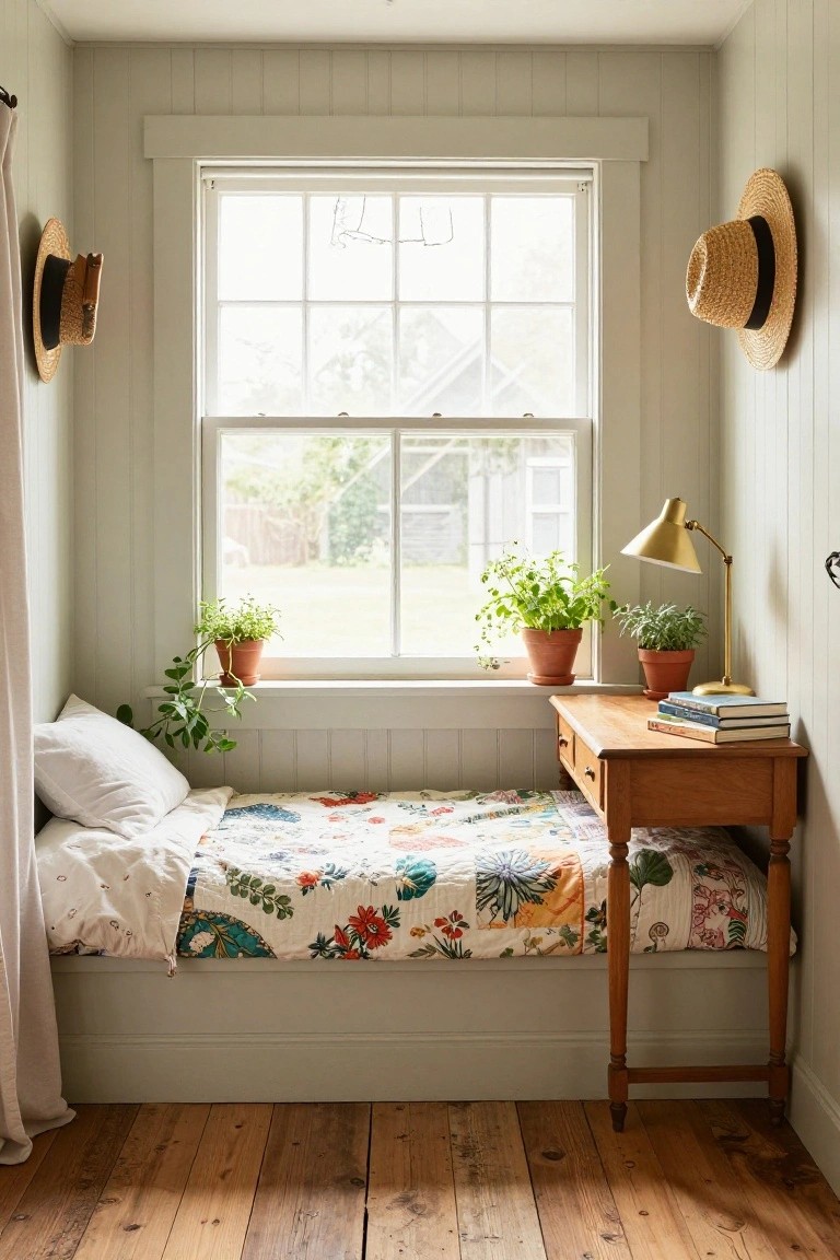 Small narrow bedroom with pale green paneled walls, built-in low bed covered in colorful quilt, wooden desk with books, window with potted plants, straw hats on walls, and wooden floors.
