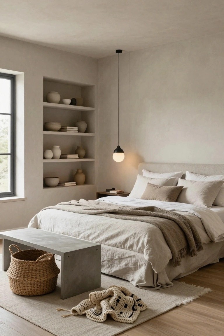 Bedroom with beige plastered walls, recessed shelves holding ceramic pottery, a bed with white linen bedding and pillows, wooden nightstand, concrete bench with wicker basket at foot, and light oak flooring.