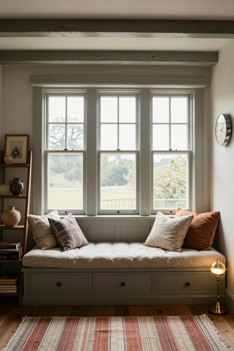 Light interior room with a gray built-in window bench topped by beige tufted cushion and assorted pillows, under three large multipane windows showing trees and fields outside, wooden ladder shelf with pottery beside it, wall clock, brass lamp, books, and striped rug on wood floor.