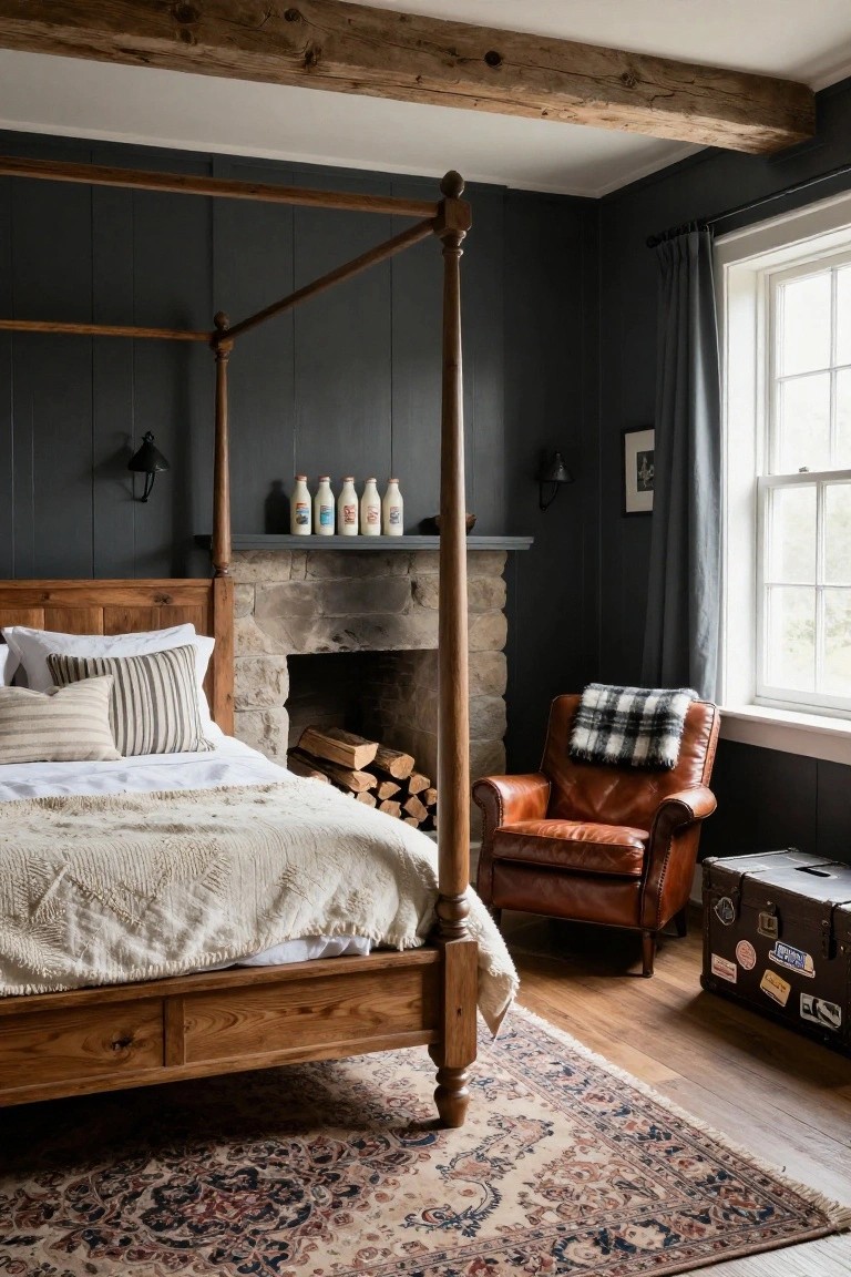 A cozy bedroom with dark gray wood-paneled walls, tall wooden four-poster bed with white bedding, stone fireplace stacked with logs, brown leather armchair with plaid throw, shelf of milk bottles, vintage trunk, and patterned rug on wood floor.