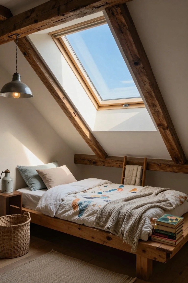 Cozy attic bedroom with sloped ceiling featuring exposed wooden beams and a skylight, low wooden platform bed with white duvet and colorful quilt, pendant lamp, wooden side table with vase, stack of books, woven basket, and woven rug on wooden floor.