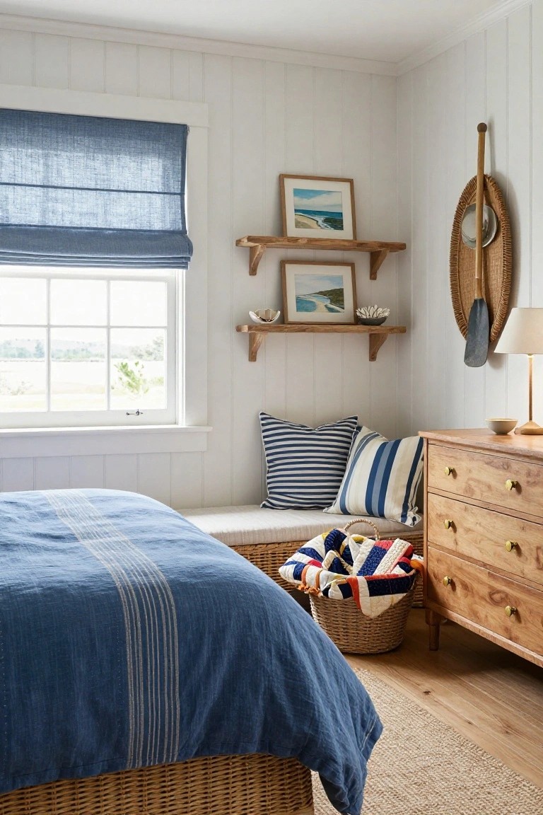 Corner of a white shiplap-walled bedroom with a low blue striped bed on wicker base against a large window, flanked by striped pillows on a built-in bench, wooden dresser, floating shelves with art and shells, nautical oar wall decor, and seagrass basket.
