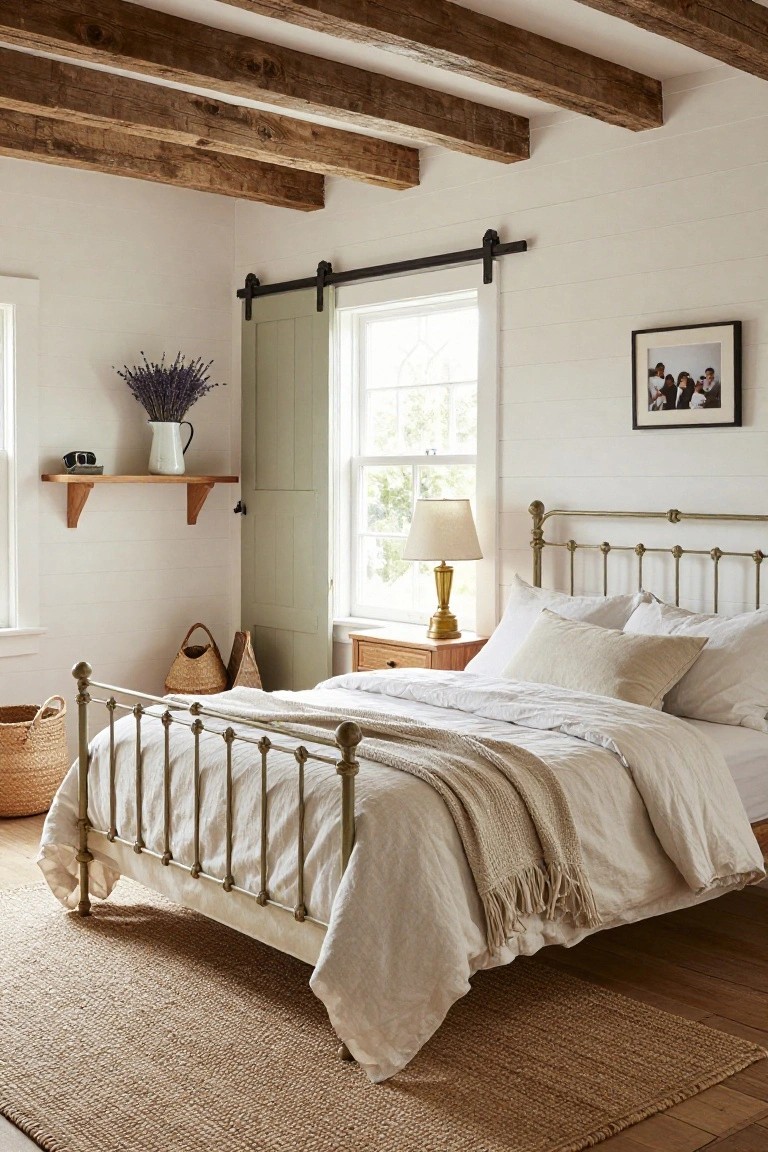 Farmhouse bedroom with exposed dark wooden ceiling beams, white shiplap walls, antique brass bed frame with white linen bedding and throw, seagrass rug, wicker baskets, and a shelf holding a vase of lavender next to a window with green sliding door.