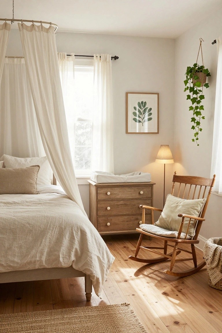 Cozy bedroom with wooden rocking chair, dresser, and canopy bed.