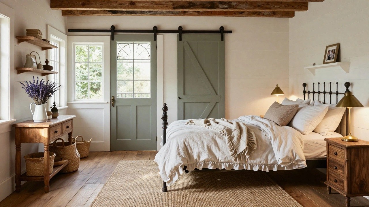 Farmhouse bedroom with exposed dark wooden ceiling beams, white shiplap walls, antique brass bed frame with white linen bedding and throw, seagrass rug, wicker baskets, and a shelf holding a vase of lavender next to a window with green sliding door.