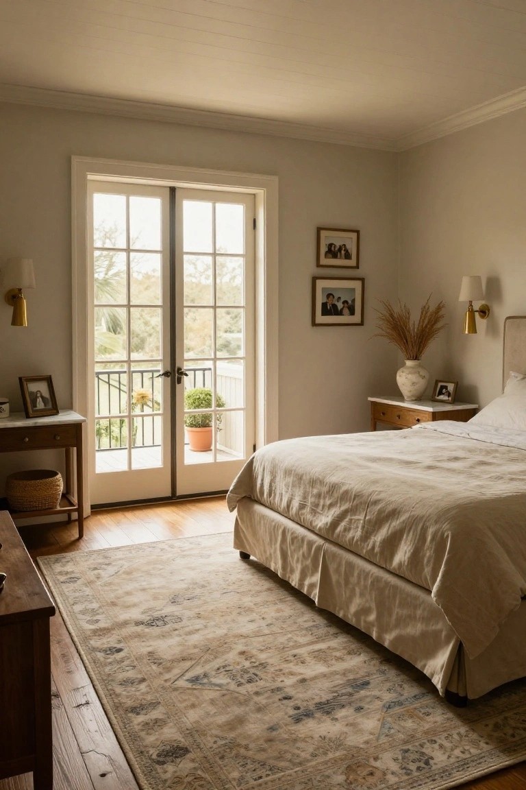 Beige-toned bedroom with king-sized bed draped in white linens, open French doors leading to a balcony with potted plants and trees, flanked by wood nightstands, pampas grass in a vase, and hardwood floors under a patterned rug.