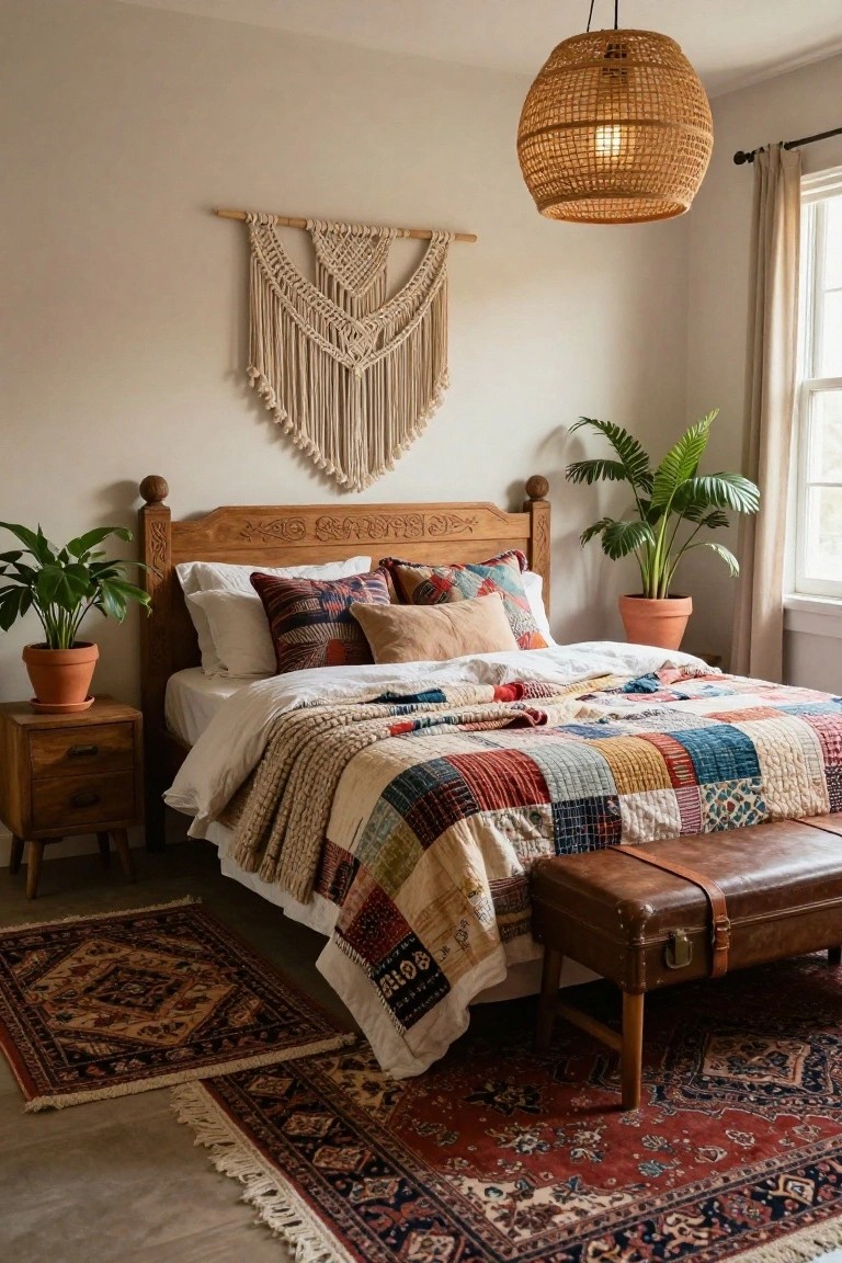Bedroom interior with a carved wooden bed frame, colorful patchwork quilt and layered pillows on the bed, macrame wall hanging, potted plants on nightstands, rattan pendant light, leather bench, and patterned rugs on the floor.