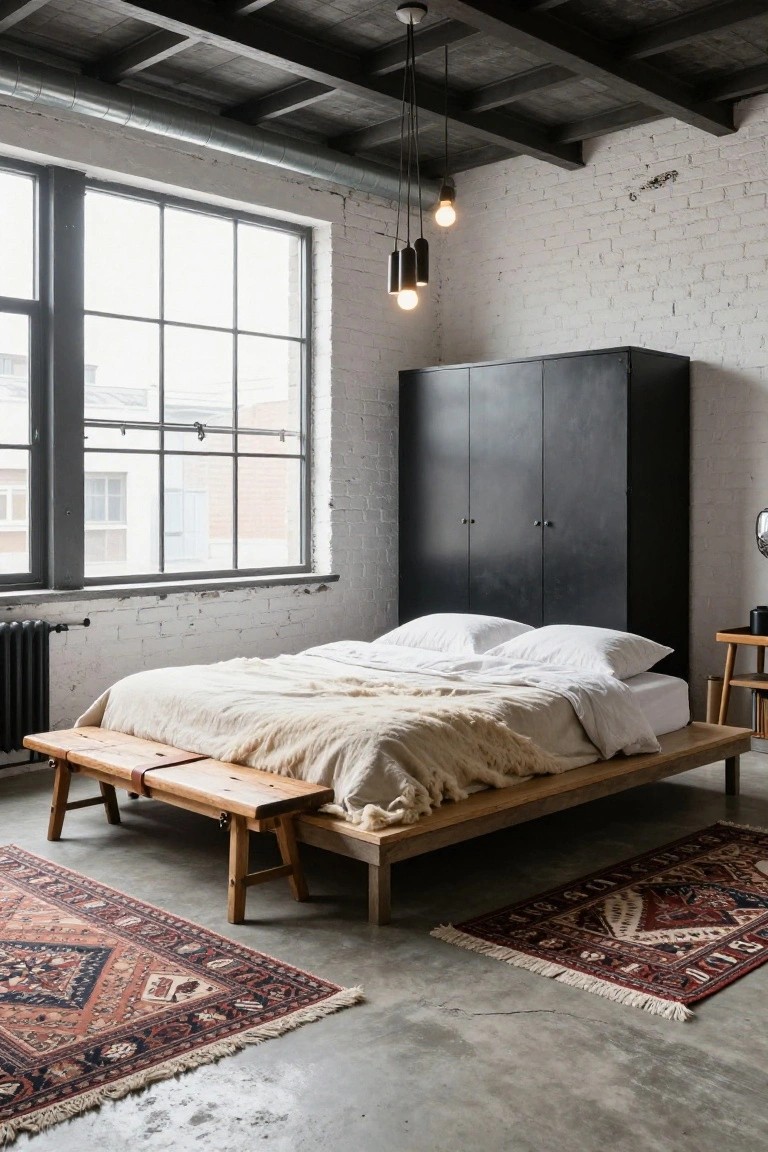 A bedroom with low wooden platform bed draped in white linens and wool throw, wooden bench at foot, black metal wardrobe against exposed brick wall, concrete floor, large metal-framed windows, pendant lights, and Persian rugs.