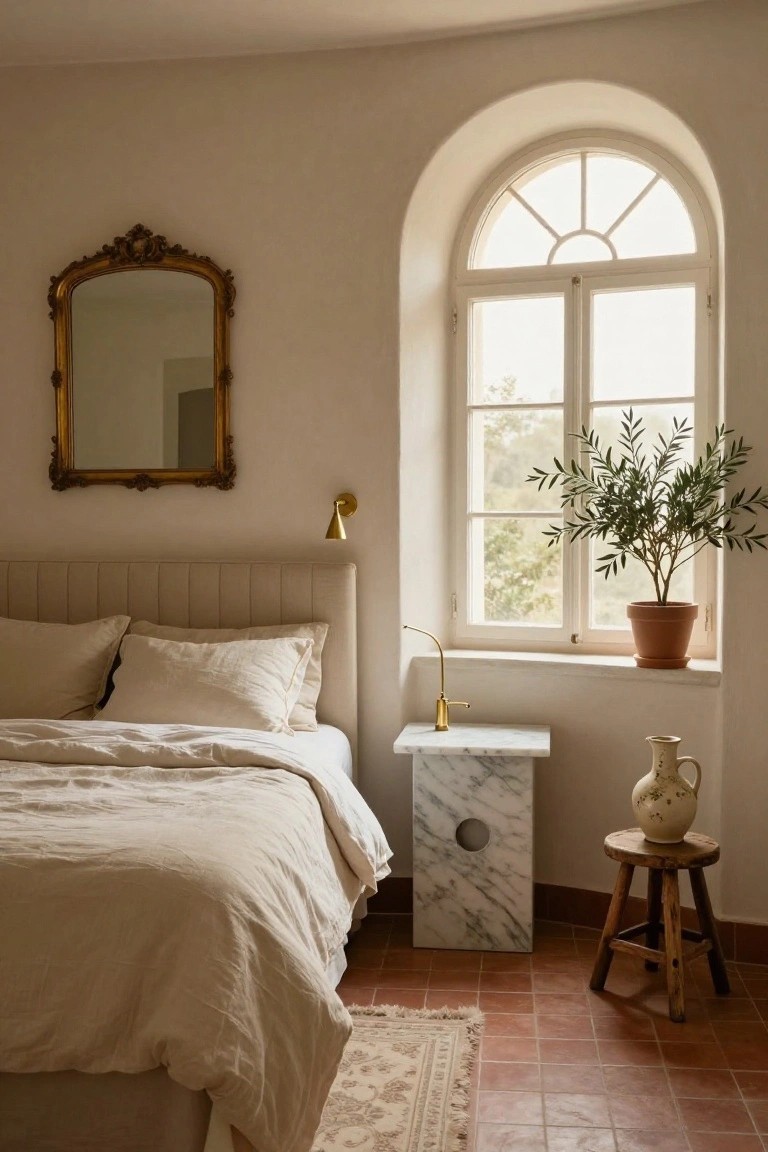 Serene bedroom with arched window, marble nightstand, and gold mirror.
