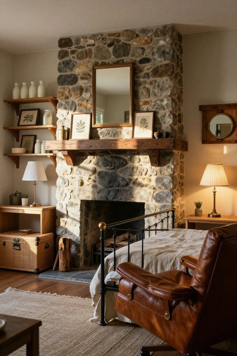 Cozy bedroom interior with a tall stone fireplace as the central feature, wooden mantel, iron bed frame, leather armchair, wooden shelves holding milk bottles and plants, table lamps, and woven baskets on hardwood floors.