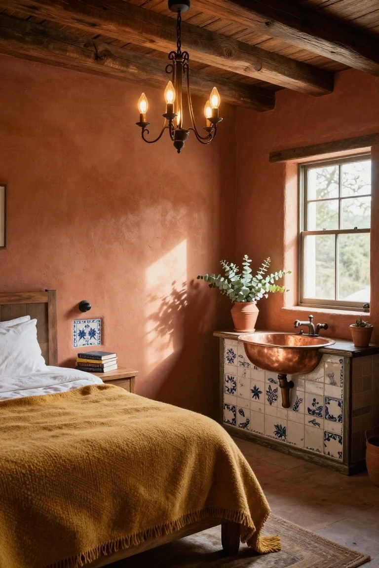 Bedroom with terracotta plaster walls, exposed wooden beam ceiling, five-light chandelier, wooden bed with white sheets and yellow blanket, nightstand with books, copper sink on blue tiled vanity with eucalyptus plant nearby, and window overlooking greenery.