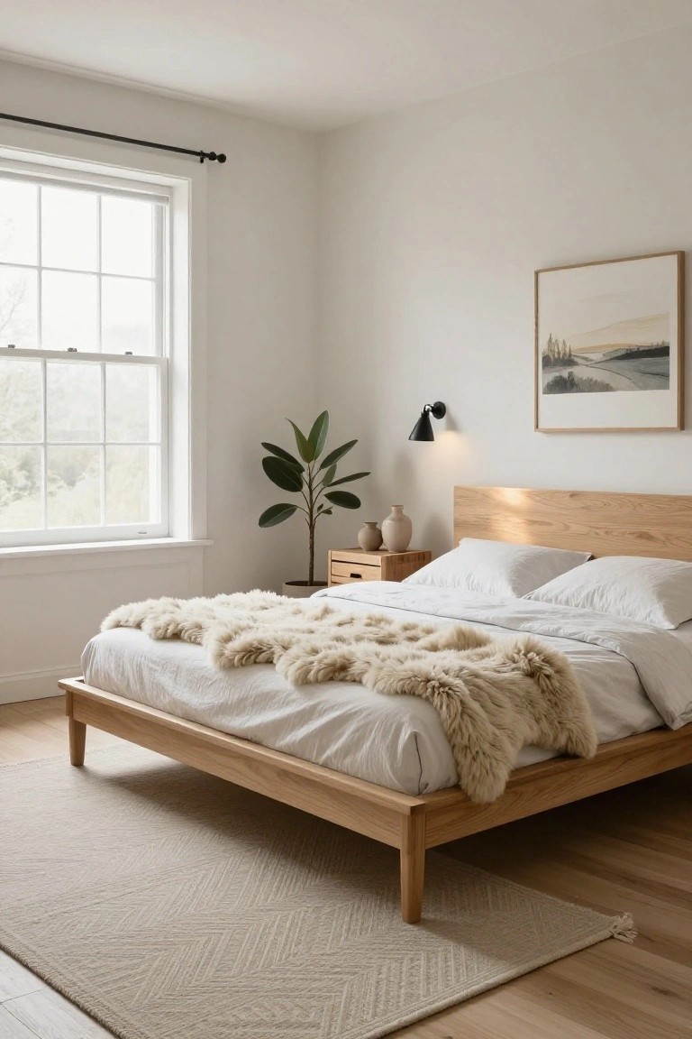 Bright bedroom with low oak platform bed, white sheets, fluffy cream fur throw, potted plant, wooden nightstands, and large window on hardwood floor.