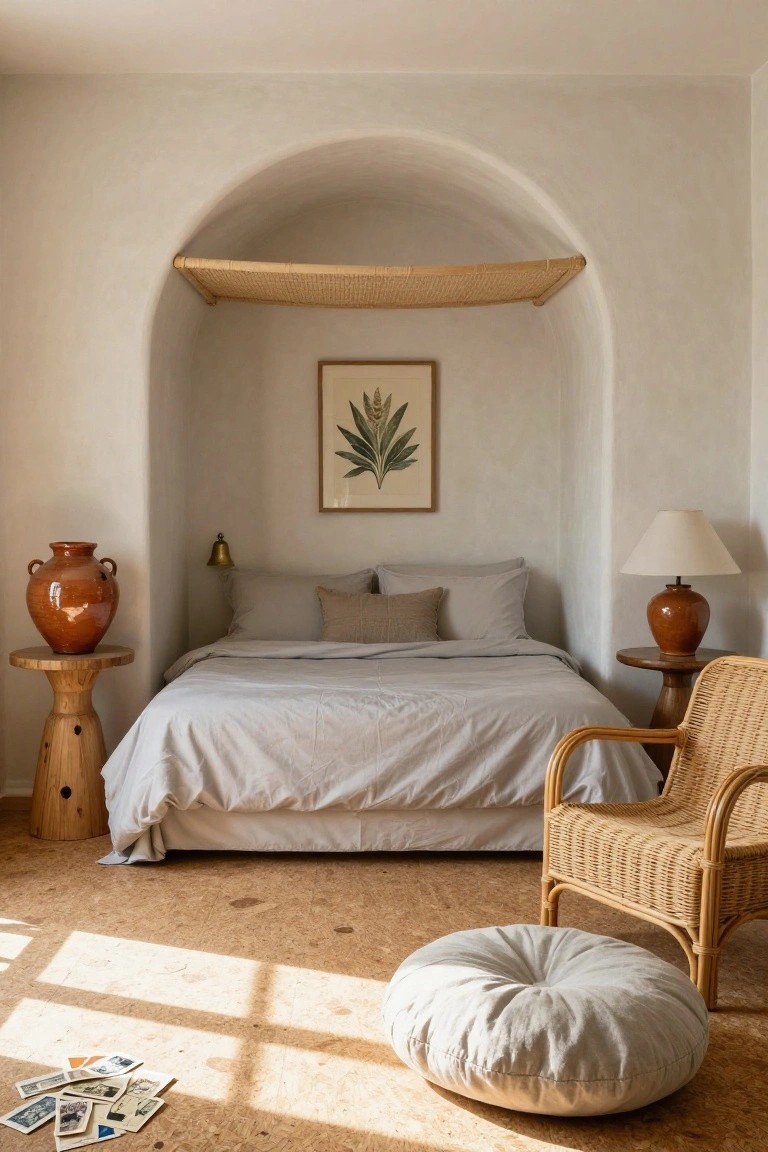 Bedroom with bed in white arched alcove topped by rattan shelf and botanical print, flanked by terracotta pots on wooden stands, linen bedding and pillows, rattan chair and floor pouf on cork flooring with scattered photos.